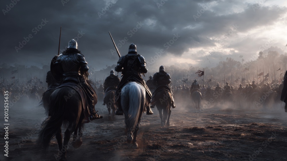 Fototapeta premium medieval knights with swords riding horses on battlefield background