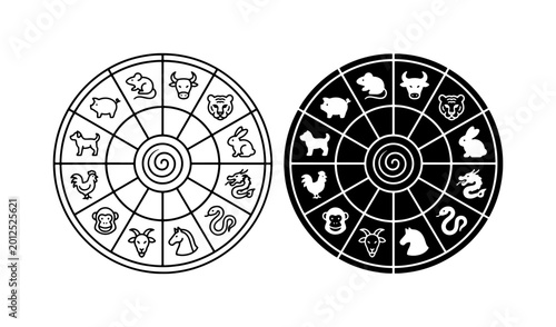 Foto Chinese Zodiac Animals Circle Icons, Astrological Symbols Set, Lunar Calendar Si