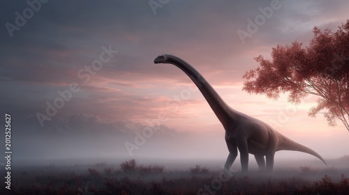 full length Brontosaurus dinosaur in beautiful misty landscape background