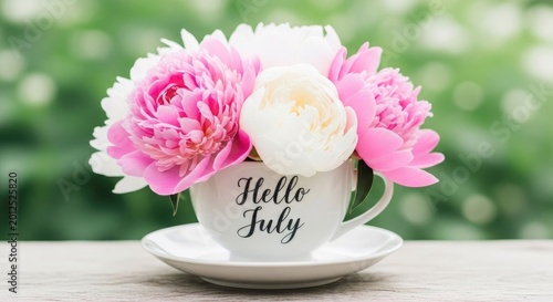 Independence day floral arrangement peonies in a teacup for july celebrations