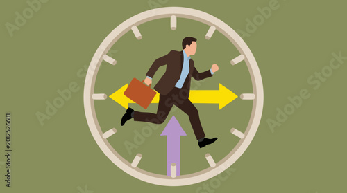 Fényképezés Businessman running inside a clock, symbolizing time management and decision-mak