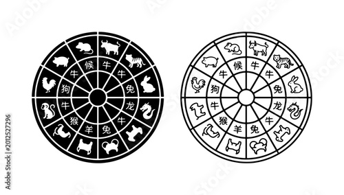 Chinese Zodiac Wheel Icons, 12 Animal Symbols Set, Eastern Astrology Calendar Graphics, Black and White Vector Illustrations