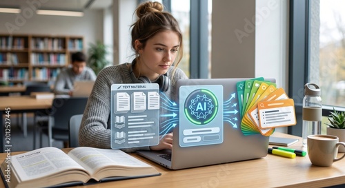 AI assistant converting book material into memory cards on laptop, creating a clear academic scene focused on learning efficiency and exam preparation.