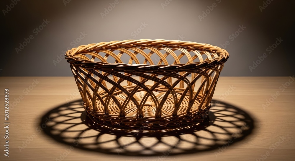 Fototapeta premium Artistic Woven Basket with Shadow on Wooden Surface.