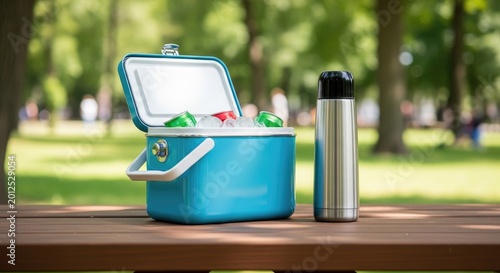 Blue Cooler and Stainless Steel Bottle on Picnic Table in Park.
