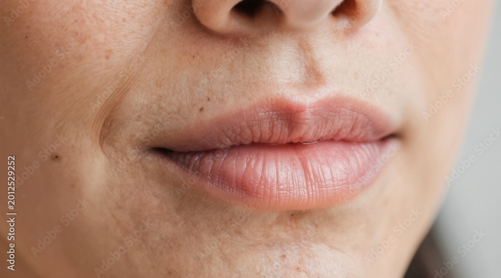 Fototapeta premium Close-up on woman mouth area showing smile lines, wrinkles, uneven skin tone, and age spots. Focus on perioral wrinkles and lip texture, skin aging details.