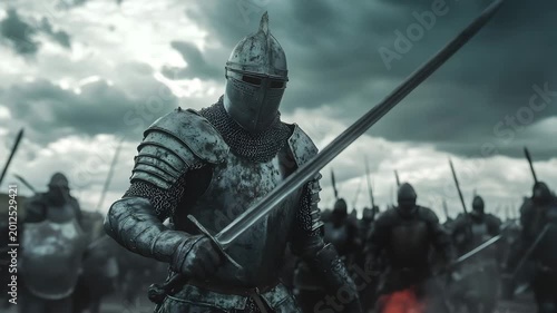 Medieval Knight in Armor Holding Sword on Battlefield Cinematic War Scene