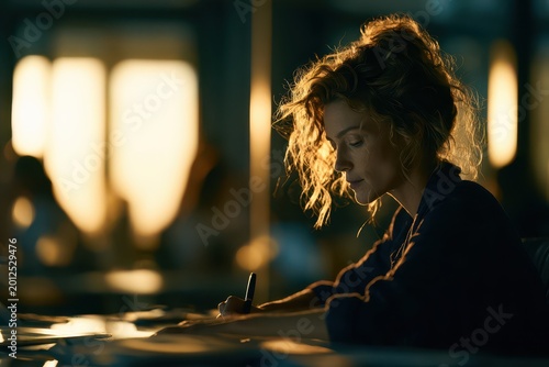 Focused woman with curly hair writing in a dimly lit office with warm backlighting, concentrating on her work.