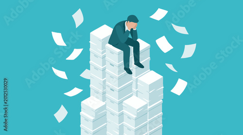 Canvastavla Overwhelmed businessman on paper stack, concept of stress and workload