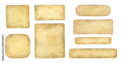 Watercolor vintage paper set. Hand drawn parchment labels and blank banners isolated on white background. Old grunge paper frames for wedding invitations, scrapbooking, greeting cards, restaurant menu