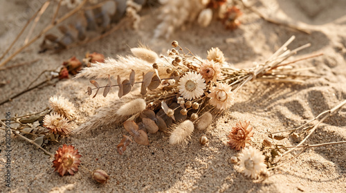 Close-up of elegant dried flower arrangements and pampas grass artfully laid on golden sand under warm sunlight, creating a beautiful natural display