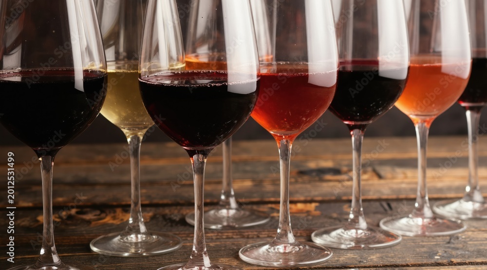 Obraz premium Collection of wine glasses with red, white, and rose wines. Set of alcoholic beverages on a wooden table background. Variety of drinks for tasting and celebration.