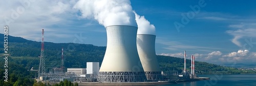 Nuclear Energy Facility with Reactors Generating Power on a Bright Sunny Day, Industry Innovation