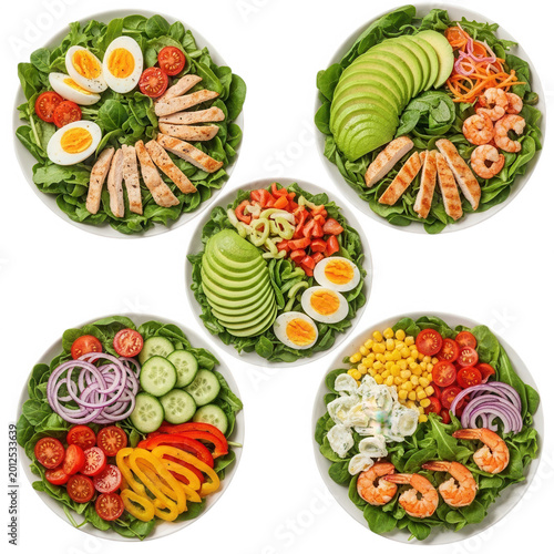 Five bowls of fresh salad with chicken avocado shrimp boiled eggs tomatoes cucumbers corn and red onions arranged on a black background