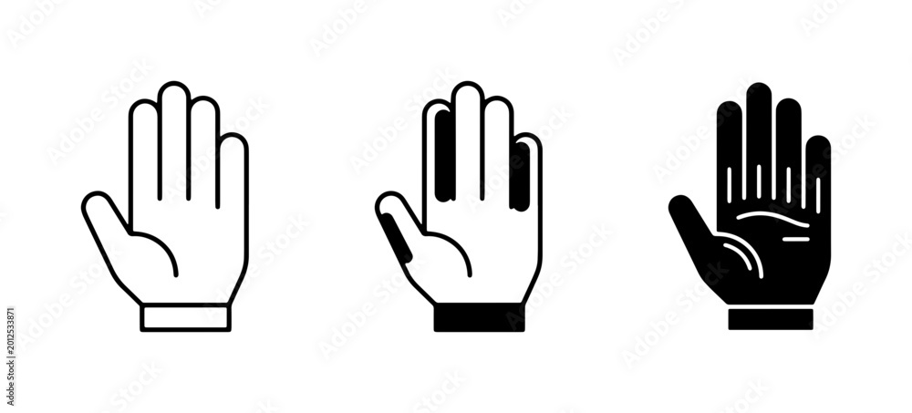 Obraz premium Three Hand Icons, Stop Gesture, Open Palm, Vector Graphics Set, Communication Symbols
