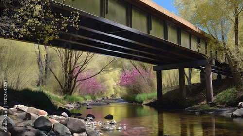 View from under a bridge showing trees, rocks, and a stream with blooming flowers at midday