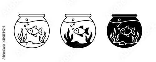 Fishbowl Icons, Simple Aquatic Life Graphics, Pet Aquarium Illustrations, Vector Set