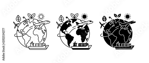 Tableau sur toile Global Logistics Icons, Eco-Friendly Shipping & Air Travel, Sustainable Transpor
