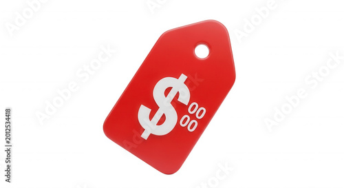 Glossy red price tag with a white dollar sign symbol and zero cents text isolated on a solid black background