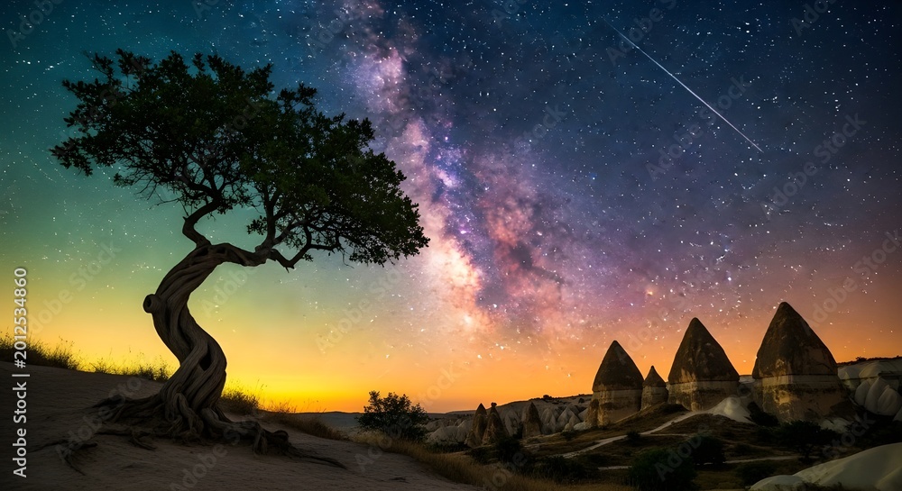 Obraz premium A stunning landscape of a tree on a hill with fairy chimneys under a starry night sky with the milky way visible in the distance at sunset