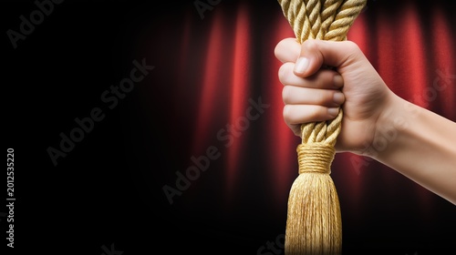 Dramatic scene of a hand gripping a golden rope against a red curtain backdrop showcasing focus and intensity in a theatrical moment