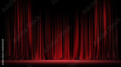 Dynamic movement scene in a theater with red stage curtains before a performance opening moment