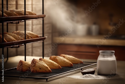Freshly baked pastries on cooling rack in a cozy kitchen during early morning preparation hours