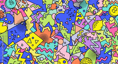 Retro 80s Memphis Style Pattern: Geometric Shapes, Bright Colors, Doodle Art