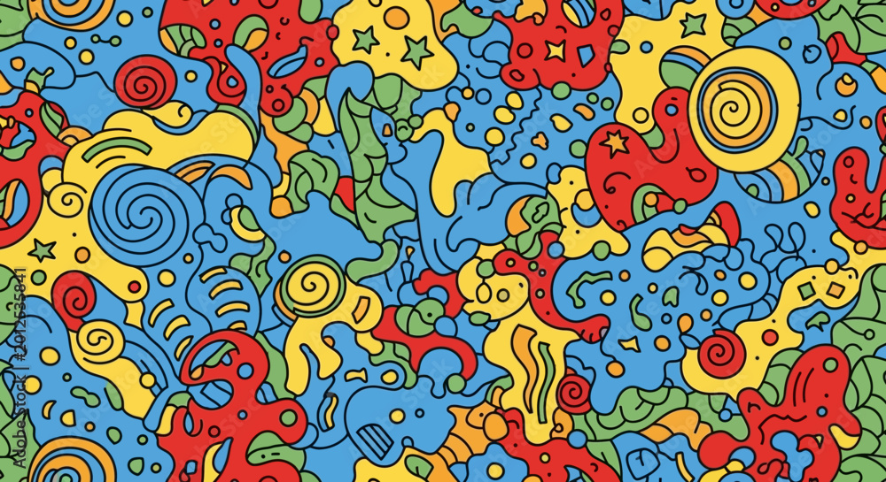 Naklejka premium Vibrant Abstract Pattern - Organic Shapes and Swirls, Playful Doodle Art