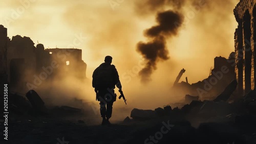 Soldier Walking Through War Zone at Sunset Cinematic Military Battlefield Scene