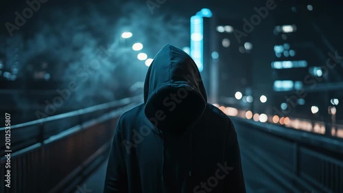Anonymous Hooded Figure in Dark Urban Night Cyberpunk Cinematic Scene