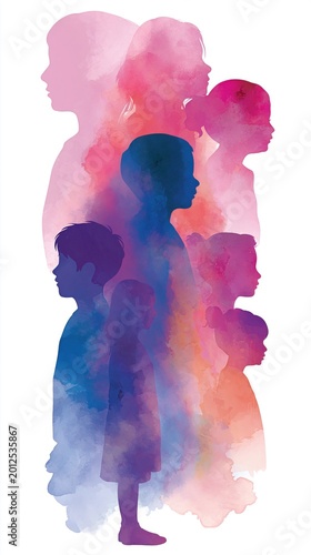Diverse children silhouettes symbolizing inclusion, equality and unity. Abstract watercolor illustration representing children rights, protection and social diversity for International Children’s Day