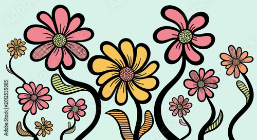 Whimsical Floral Illustration: Pink, Yellow, and Orange Flowers on Light Blue Background