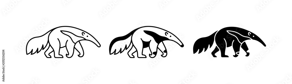 Fototapeta premium Anteater Icons Set: Line Art, Outline, and Silhouette Vector Graphics for Wildlife and Nature Designs
