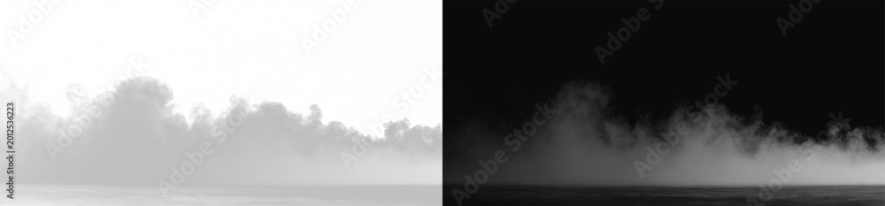 Fototapeta premium Realistic white fog and mist set, atmospheric smoke clouds and hazy steam texture on contrast backgrounds