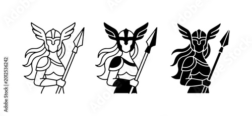 Foto Valkyrie Warrior Icons, Norse Mythology Female Fighter Vector Set, Winged Helmet