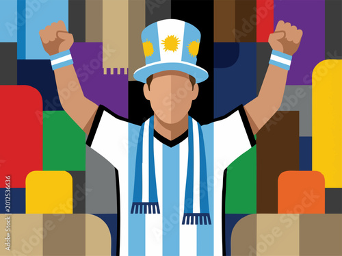 Foto Argentine football fan celebrating victory with arms raised, vector illustration