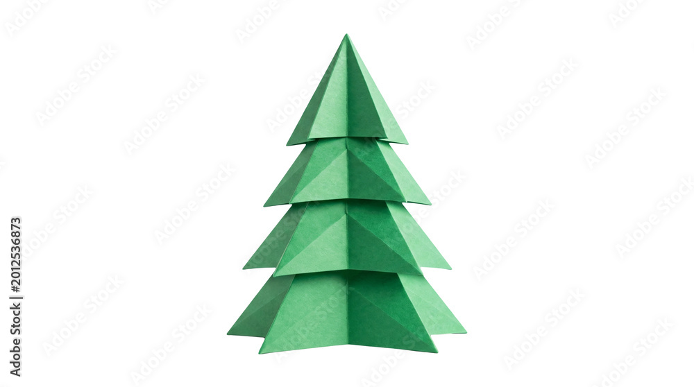 Fototapeta premium Origami green paper Christmas tree on white background