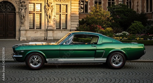 Classic Green Mustang Fastback parked outside ornate building, vintage automobile