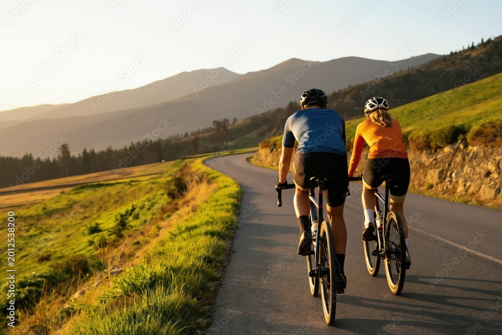 Fototapeta premium Couple cycle road bikes on winding country lane with mountains behind. Man and woman ride bikes wearing helmets and sport clothes. They enjoy outdoor active recreation and fitness.