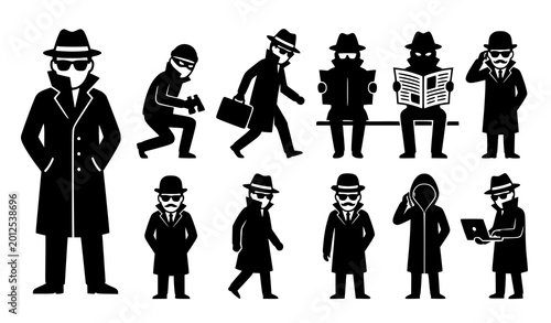 Tableau sur toile Incognito spy icon set with anonymous detective characters in disguise vector co