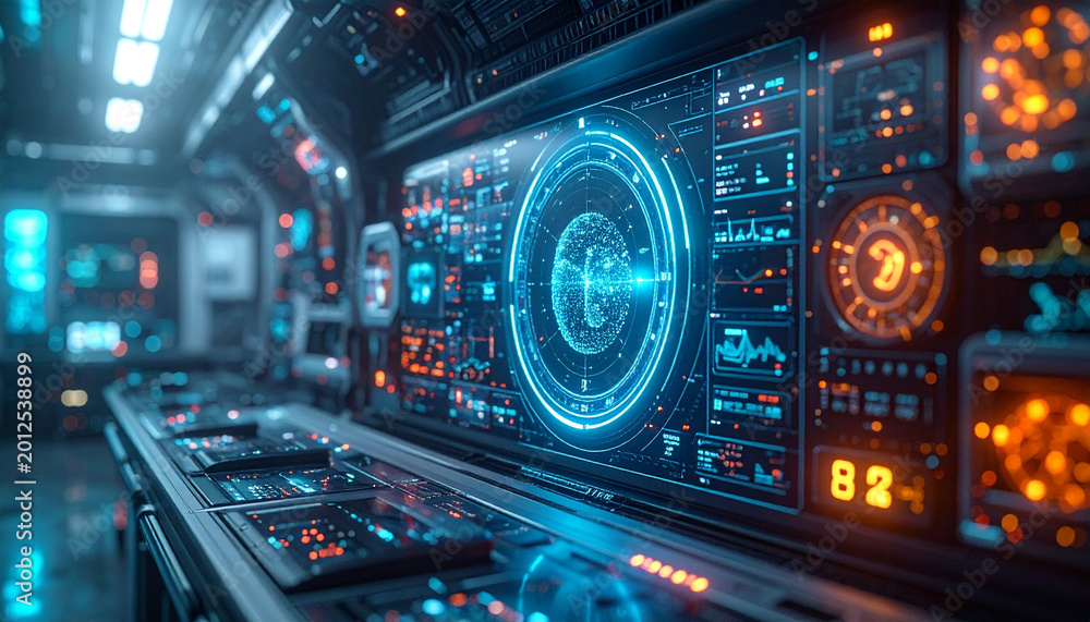 Fototapeta premium Future Tech Command Center: A futuristic command center with digital displays, glowing interfaces, and cutting-edge technology, evokes a sense of innovation and high-tech advancement. 