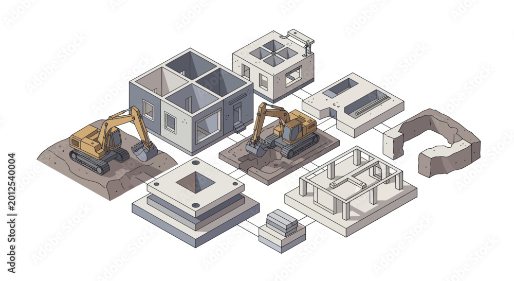 Fototapeta premium Isometric illustration of various construction stages and building elements.
