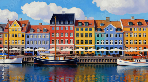 Colorful buildings line canal with boats. Waterfront cityscape in naive art style. Bright houses on water with reflections. Sunny day in city harbor.