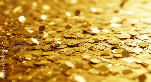 Macro close up of scattered gold metallic confetti pieces with soft focus bokeh and bright reflective highlights on a textured surface