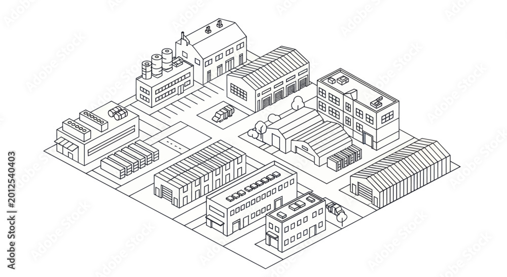 Obraz premium Isometric Industrial Cityscape Line Art Illustration.