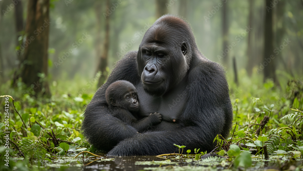 Obraz premium Gorilla mother holding baby in forest.