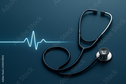 Digital Heartbeat Stethoscope on Blue Background Representing Modern Medical Technology and Care