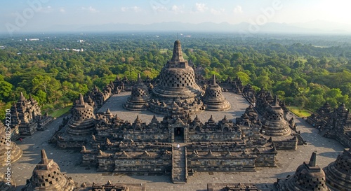 Bild auf Leinwand Stunning Aerial View of Borobudur Temple at Sunrise, Central Java, Indonesia