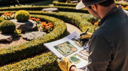 Leinwandbilder Grau Man wearing hat and gloves studies garden plan. Pro landscape designer draws layout for beautiful yard. Outdoor scene with plants, flowers, and paths.  © Viktor